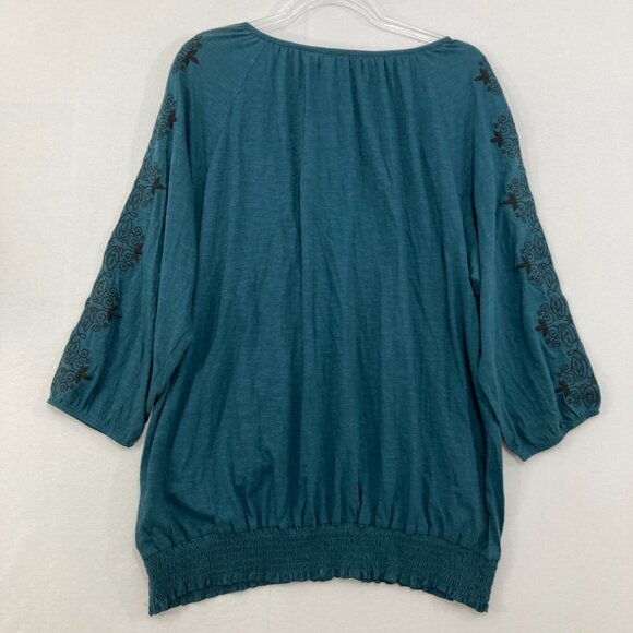 New French Laundry size 1X Teal Embroidered Cotton Stretch Tie Front Blouse - Picture 8 of 9